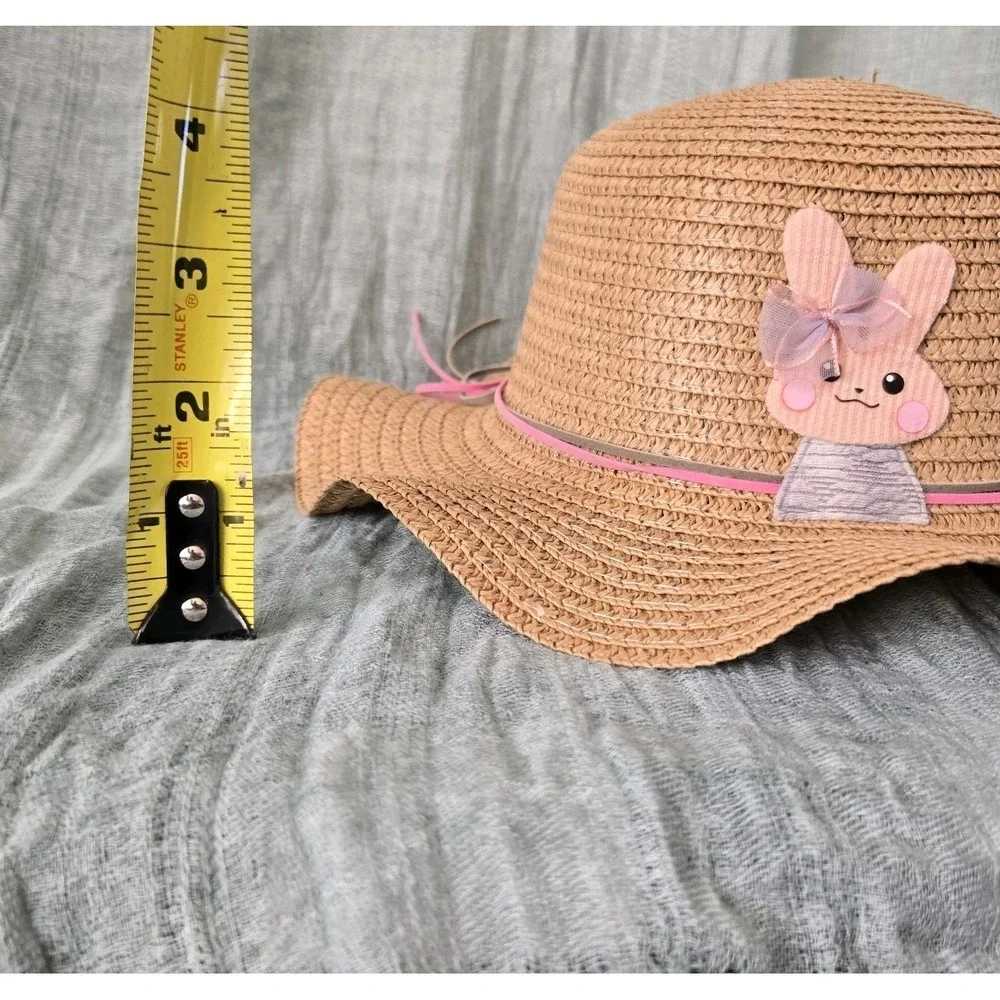 Girl's Tan Straw Floppy Brim Sun Hat Easter Spring Light Airy Chin Strap‎